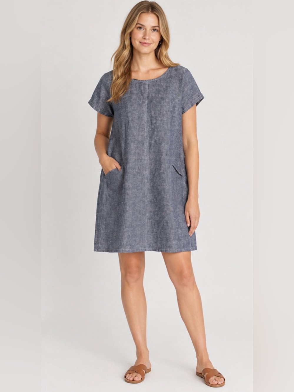 CP Shades Esme Chambray 100% Linen Shift Dress Blue SM EUC Classic Coastal